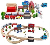 88 Piece Wooden Train Tracks Train Station Set Wooden Tracks & Electric Train Toys Brio Bigjigs Compatible with Free Thomas for Kids 3+ Years Old Girls Boys