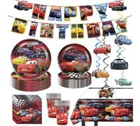 88 Psc Cars Birthday Party Supplies Set, Cars Theme, Plates, Cups, Utensils, Napkins, Tablecloth