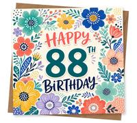 88th Birthday Card, Bright Flowers, HAPPY BIRTHDAY | Bold “HAPPY 88th BIRTHDAY” wording surrounded by vibrant flowers and leaves-cheerful colour for an 88th.