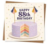 88th Birthday Card for Her, Layered Cake & Bunting | Celebrate her 88th with bold “Happy 88th Birthday” text, a pastel layered cake slice, tassel bunting and confetti stars.