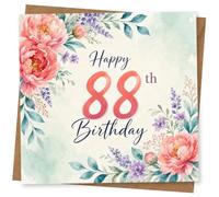 88th Birthday Card for Her, Peonies, Lavender & “Happy ” | Marks her 88th with “Happy 88th Birthday” text and a pretty floral frame of pink peonies, lavender and greenery.