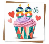 88th Birthday Card for Her, Stripe 88 Candles, Hearts | Celebrate her 88th with striped candle-style number 88 above a bright cupcake, plus sweet hearts for extra charm.