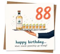 88th Birthday Card for Her, Tequila Bottle & Shots | For her 88th: tequila bottle on a tray of lime-topped shots, plus the line “happy birthday… what could possibly go wrong?”