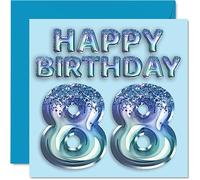 88th Birthday Card for Men - Blue Glitter Party Balloon - Happy Birthday Cards for 88 Year Old Man Great Grandpa Grandad Dad Gran, 145mm Greeting Cards Gift