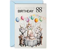 88th Birthday Card for Men Women - Pawsome Party Cats Balloons - Happy Birthday Cards for 88 Year Old Man Woman, 5x7 Inch Cat Bday Greeting Cards