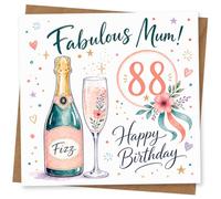 88th Birthday Card for Mum, Fabulous Mum Birthday Card with Champagne Bottle and Floral Design, Happy