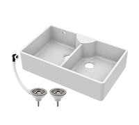 895mm Butler White Kitchen Sink, Double Bowl Stepped Weir with Tap Ledge & 2 Waste with 1 Overflow, No Tap Hole, Durable Butler Fireclay Ceramic Kitchen Sink Bowl - 895