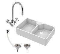 Fireclay 895mm Double Bowl Butler Kitchen Sink - Stepped Weir, Mixer Tap & Wastes