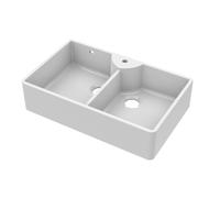 895mm - Fireclay 2 Bowl Stepped Weir Butler Kitchen Sink - Tap Ledge & Overflow