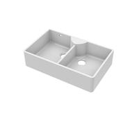 895mm - Fireclay Double Bowl Stepped Weir Butler Sink - with Tap Ledge, Overflow, No Tap Hole & Tap
