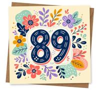 89th Birthday Card, 89th Birthday Card, Colourful Floral Design with Large Number 89 for Milestone Celebration