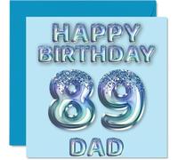 89th Birthday Card for Dad, Blue Glitter Party Balloons