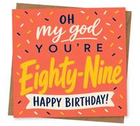 89th Birthday Card for Her, Oh My God You're Eighty-Nine | Coral-orange confetti sprinkles with big brush-lettering: “Oh my god you’re Eighty-Nine” and “Happy Birthday!” for her 89th.