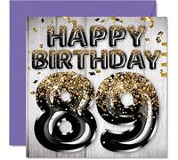 89th Birthday Card for Men, Black & Gold Glitter Balloons