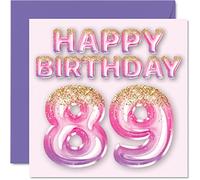 89th Birthday Card for Women - Pink & Purple Glitter Balloons - Happy Birthday Cards for 89 Year Old Woman Mum Great Nanny Grandma Gran, 145mm Bday Greeting Cards Gift