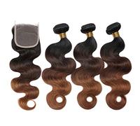 8A Grade Peruvian Virgin Hair Body Wave Human Hair Weave Bundles 12 14 16 with 10" Free Part 4 * 4 Lace Closure #T1b/4/30 Color