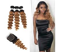 8A Grade Peruvian Virgin Hair Deep Wave Human Hair Weave Bundles 10 12 14 with 10" Free Part 4 * 4 Lace Closure #T1b/27 Colour