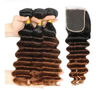 8A Grade Peruvian Virgin Hair Deep Wave Human Hair Weave Bundles 16 18 20 with 14" Free Part 4 * 4 Lace Closure #T1b/4/30 Colour