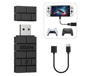 8BitDo USB Wireless Adapter 2, Bluetooth Adapter for Switch/2, Windows 10, PS Classic, Android, Raspberry Pi, Retrofreak System, Compatible with Xbox Series, Joycon, Switch Pro, PS5/4/3 Controller BLK