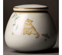 8cm Retro Ru Kiln Ceramics Tea Caddy Cat Pattern Sealed Containers Travel Storage Box