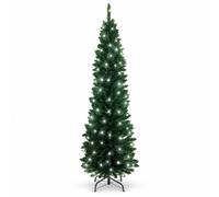 8Ft/2.4m Pre-Lit Artificial Slim Christmas Tree Green Pencil Tree, Pointed Tips, Metal Stand Cool White LEDs Lights Holiday Home Decorations