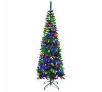 8Ft/2.4m Green Pre-Lit Slim Pencil Christmas Tree, 300 Multicolour LEDs | For Christmas, Home, Office and Party Decor, 828 Tips, 8 Light Modes, PVC and Metal Construction, Easy Assembly, Space-Saving