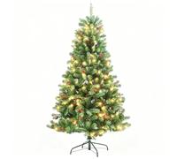 8Ft/2.4m Pre-Lit Artificial Christmas Tree Maryland Fir Green Pine Tips Decorated with Red Berries and Pine Cones Warm White LEDs Xmas Home Decorations Metal Stand