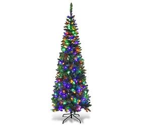 8Ft/2.4m Pre-Lit Artificial Slim Christmas Tree Green Pencil Tree, Pointed Tips, Metal Stand Multicolour LEDs Lights Holiday Home Decorations