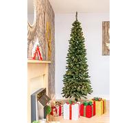 8Ft/2.4m Pre-Lit Artificial Slim Christmas Tree Green Pencil Tree, Pointed Tips, Metal Stand Warm White LEDs Lights Holiday Home Decorations