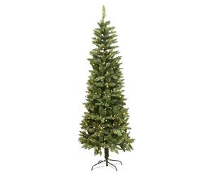 8Ft/2.4m Pre-Lit Green Christmas Tree Slim Tree Pine Narrow Xmas Tree, Pointed Tips, Metal Stand, Warm White LED Lights, Holiday Home Decorations