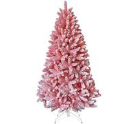 8Ft Flocked Pink Christmas Tree Snow Dusted Artificial Pine Foldable Metal Stand 1396 Tips Hinged Branches Snowy Bushy Luxury Holiday Home Decoration