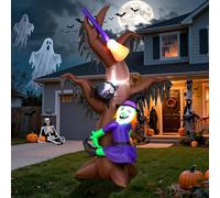 8FT Halloween Inflatables Witch Climbing Dead Tree with Cat & Broomstick, Large Blow Up Yard Decorations, Self-Inflating Spooky Outdoor Halloween Inflatable for Parties, Garden, Lawn