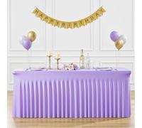 8ft Lavender Spandex Table Cloths for Rectangle Tables Wrinkle Free Lilac Light Purple Rectangle Tablecloths Stretch Fitted Table Cover with Skirt for Birthday Party Wedding Banquet Baby Shower Buffet