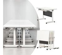 8ft White Folding Conference Table - Modern Office Boardroom Desk with Silent Iron Wheels for Meeting Room Classroom and Event Use - Durable Space-Saving Design