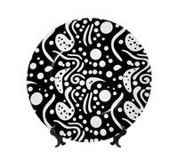 8in Bone China Decorative Plate, Black and white abstract circles Ceramic Dinner Plates with Display Stand, Ceramic Ornaments Art Porcelain Plate for Home Office Wall Decor Collections Plates