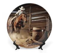 8inch Bone China Decorative Plates for Wall Hanging with Display Stand Chinese Porcelain American West Rodeo Dessert Plate Display Dish Collections Ceramic Ornament Art Craft Home Office Decor