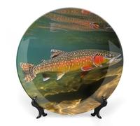 8inch Bone China Decorative Plates for Wall Hanging with Display Stand Chinese Porcelain Brook Trout Fly Fishing Dessert Plate Display Dish Collections Ceramic Ornament Art Craft Home Office Decor