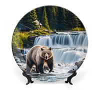 8inch Bone China Decorative Plates for Wall Hanging with Display Stand Chinese Porcelain Grizzlies in River Falls Dessert Plate Display Dish Collections Ceramic Ornament Art Craft Home Office Decor