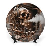 8inch Bone China Decorative Plates for Wall Hanging with Display Stand Chinese Porcelain Steam - Punk Metal Skull Dessert Plate Display Dish Collections Ceramic Ornament Art Craft Home Office Decor
