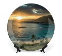 8inch Bone China Decorative Plates for Wall Hanging with Display Stand Chinese Porcelain Sunrise Over Oahu Hawaii Dessert Plate Display Dish Collections Ceramic Ornament Art Craft Home Office Decor