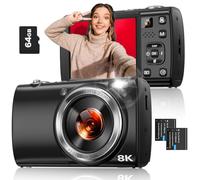 8K Digital Camera for Photography, 88MP WiFi Vlogging Camera for YouTube with Front Rear Lens, Autofocus, 16X Zoom, Compact Travel Cameras with Flash, Touch Screen, 64GB Card, 2 Batteries(Black)