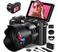 8K Digital Camera - WiFi Cameras for Photography 88MP - Autofocus Vlogging Camera for YouTube - UHD Video Camara for Beginner Photographer with 3" 180° Flip Screen, 18X Zoom, Lens Hood, Memory Card