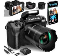 8K Digital Cameras for Photography, 64MP Vlogging Camera for YouTube with 4" Touch Screen, Dual Front/Rear Cameras with LED Fill Light, 3000MAh Battery, Lens Hood, Hot Shoe & 32GB TF Card(Black