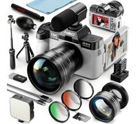 8K Digital Cameras for Photography, 64MP vlogging Camera with 180°Flip Screen，2 Batteries, 64GB TF Card，16X Zoom, WiFi, 3 Color Filters,Microphone, Tripod, Wide & Macro Lens Kit (White)