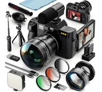 8K Digital Cameras for Photography, 64MP Vlogging Camera with 180°Flip Screen，2 Batteries, 64GB TF Card，16X Zoom, WiFi, 3 Color Filters,Microphone, Tripod, Wide & Macro Lens Kit (Black)