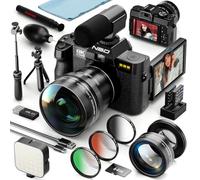 8K Digital Cameras for Photography, 64MP Vlogging Camera with 180°Flip Screen，2 Batteries, 64GB TF Card，16X Zoom, WiFi, 3 Color Filters,Microphone, Tripod, Wide & Macro Lens Kit (Black)