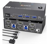 8K HDMI KVM Switch 2 Monitors 2 Computers 8K@60Hz 4K@144Hz, USB3.0 Dual Monitor KVM Switch for 2 Computer Share 2 Monitor 4 USB 3.0 ports, With Wired Remote,12V Power Adapter and USB Cable included