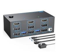8K KVM Switch 3 Monitors 2 Computers Triple Monitor 2 Displayport 1.4 and HDMI 2.1 USB 3.0 KVM Switches, DP 1.4 Supports 8K@30Hz/4K@144Hz, HDMI Supports Max 8K@60Hz /4K@120Hz with Wired Remote Control
