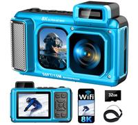 8K Underwater Camera, 90MP 50FT WiFi Waterproof Camera with 32GB Card, Autofocus Rugged Shockproof Dustproof Touchscreen Dual-Screen Selfie, 1800mAh Battery 18X Floatable Digital for Snorkeling Diving