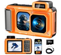 8K Underwater Camera, 90MP 50FT WiFi Waterproof Camera with 32GB Card, Autofocus Rugged Shockproof Dustproof Touchscreen Dual-Screen Selfie, 1800mAh Battery 18X Floatable Digital for Snorkeling Diving